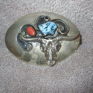 Vtg Native American 3D Belt Buckle Bull Skull Turquoise Coral Stone Southwestern